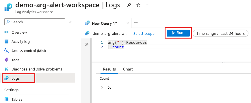 Screenshot of the Log Analytics workspace with a query of the Resources table that highlights logs and run button.