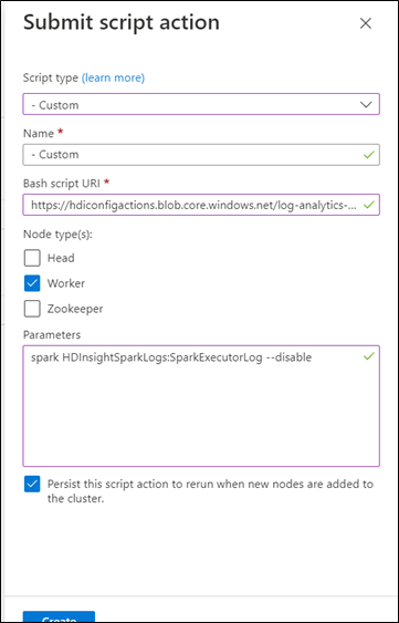 Screenshot that shows the pane for submitting a script action.