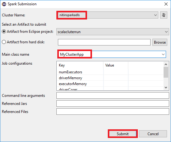 Apache Spark Submission dialog box.