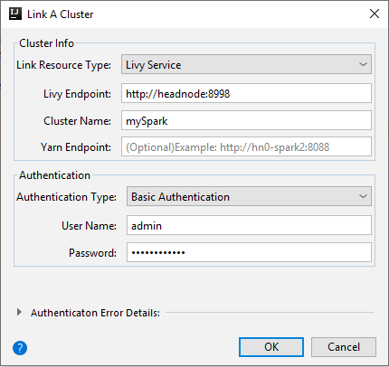 IntelliJ IDEA link Livy cluster dialog.