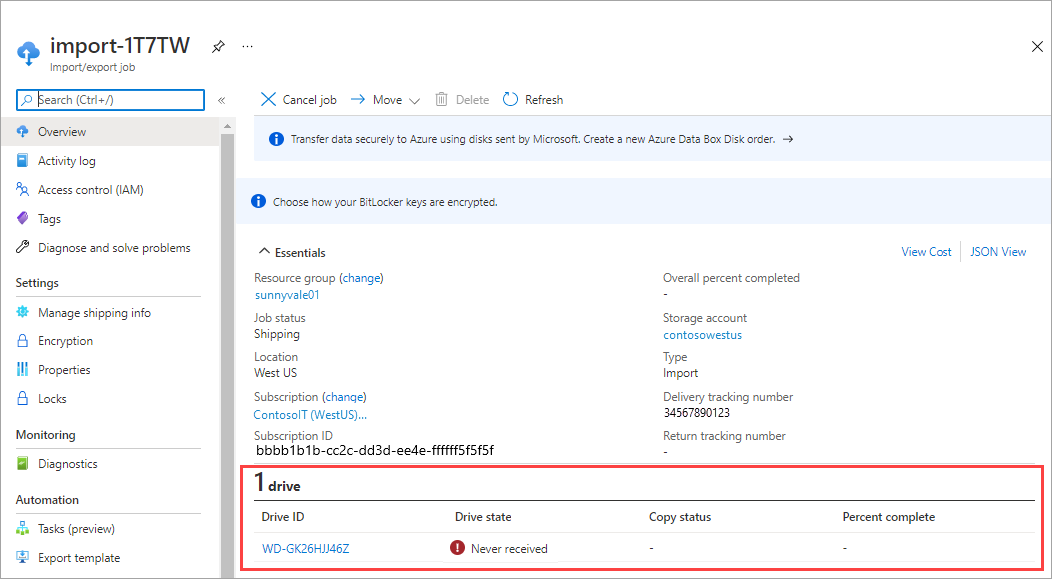 Screenshot showing drive state for an Azure Import Export order in the Azure portal. The Drive ID, Drive State, Copy Status, and Percent Complete for the drive are highlighted.