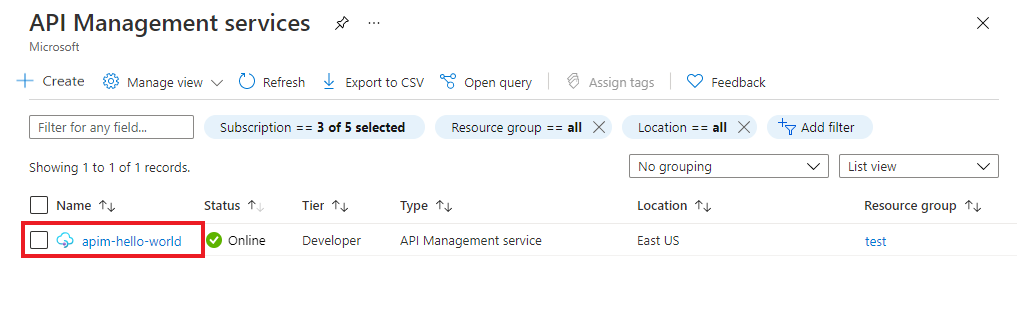 Screenshot of navigating to API Management instance in the portal.