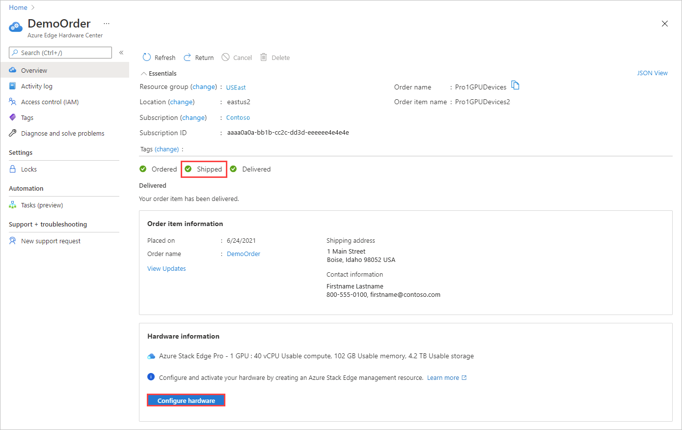 Screenshot showing the Configure hardware option for an order item shipped from the Azure Edge Hardware Center.