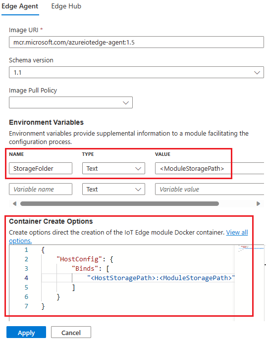 Screenshot that shows how to add create options and environment variables for local storage.