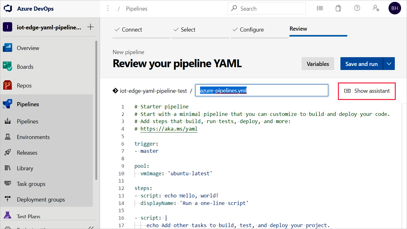 Screenshot that shows how to select Show assistant to open Tasks palette.