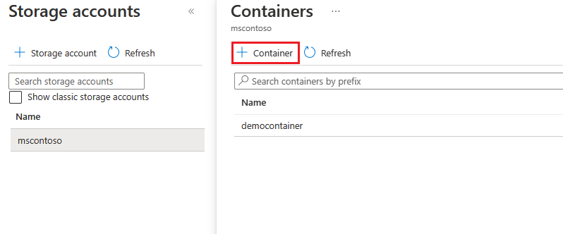 Screenshot that shows Storage accounts and Containers.