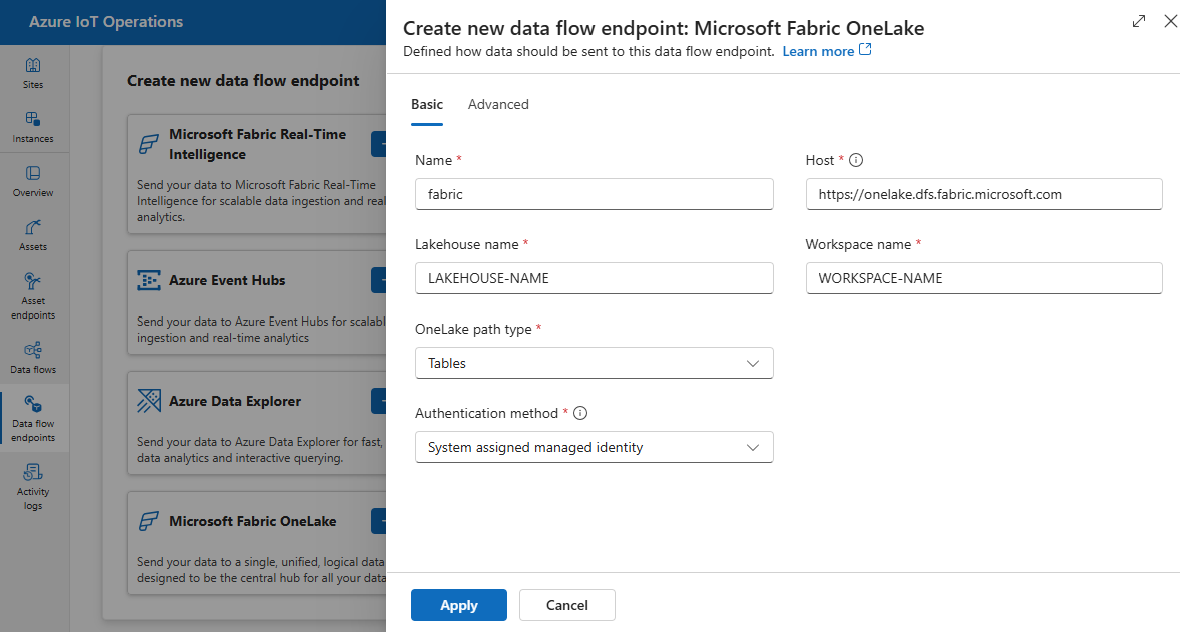 Screenshot using operation experience to create a Microsoft Fabric OneLake dataflow endpoint.