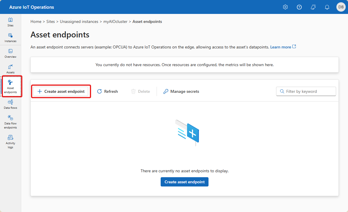 Screenshot that shows the asset endpoints page in the operations experience.