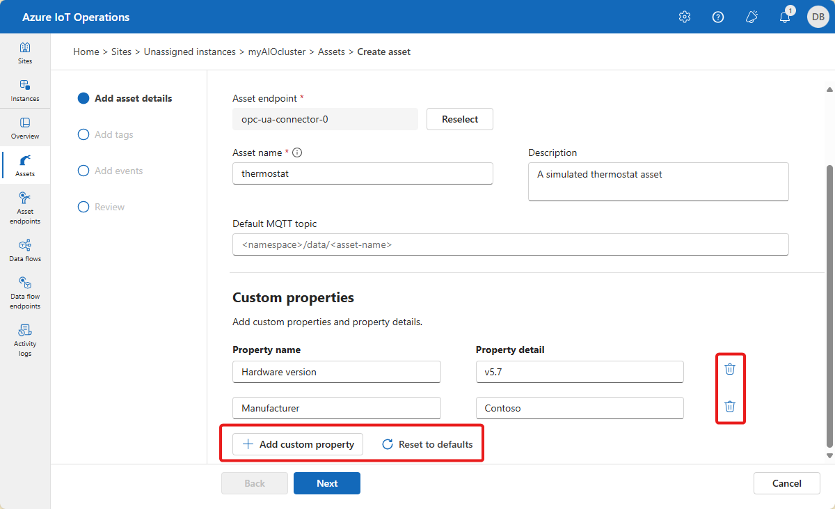 Screenshot that shows how to add asset details in the operations experience.