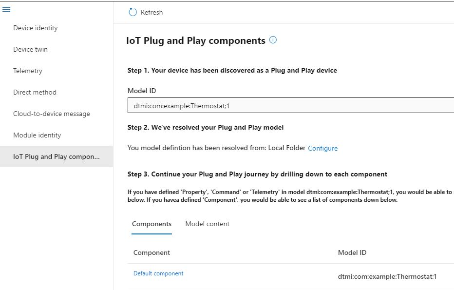 Screenshot that shows the default component in the Azure IoT explorer tool.