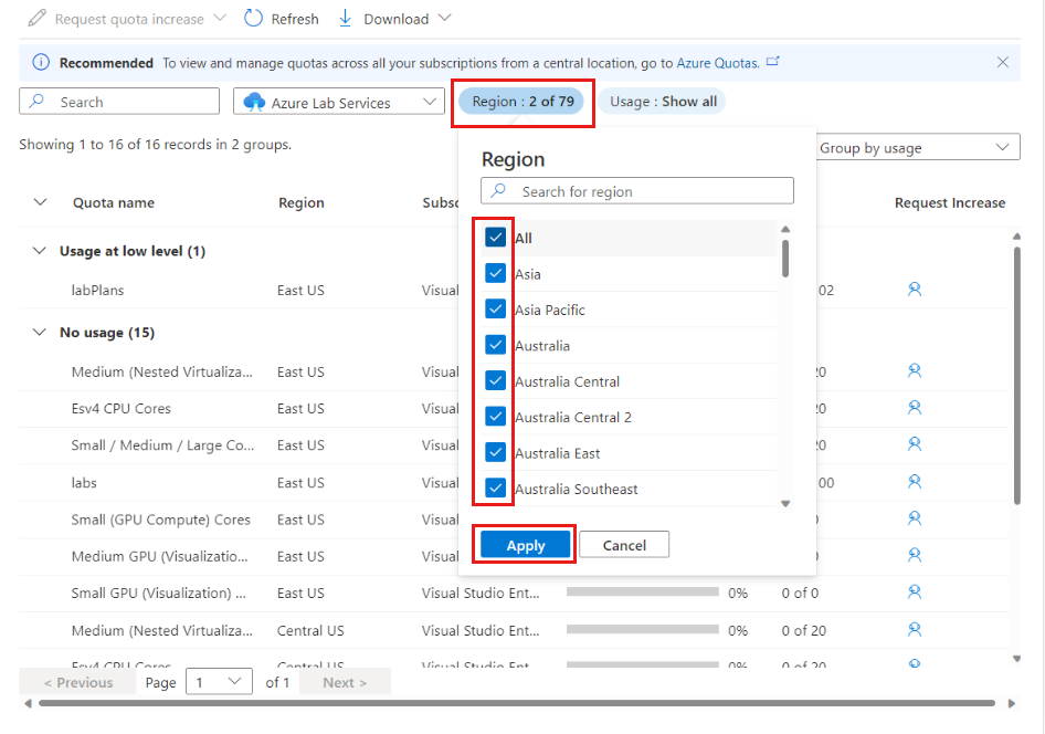 Screenshot showing the Usage and quotas page, with Regions drop down highlighted.