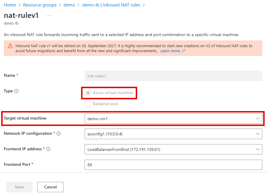 Screenshot of NAT rule version 1 configuration in Azure portal.