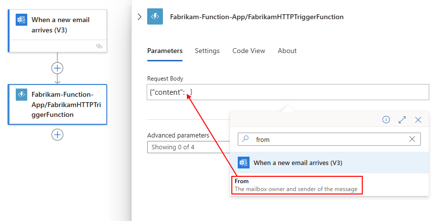 Screenshot shows Consumption workflow and a function with a Request Body example for the context object payload.