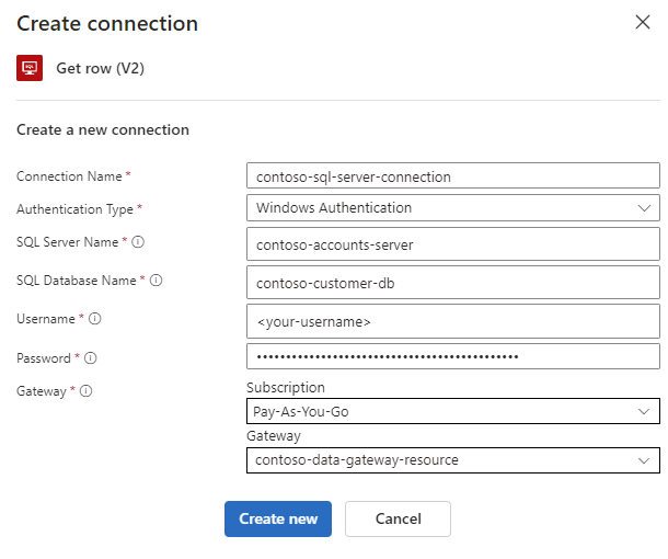 Screenshot shows SQL Server managed connector with values in the Connection Name, Authentication Type, and other parameter boxes.