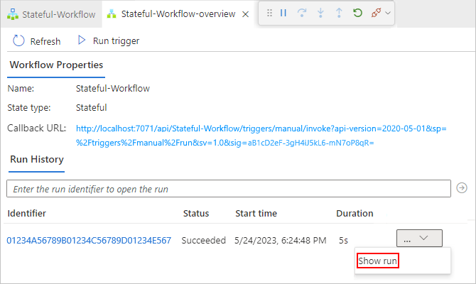 Screenshot shows workflow's run history row with selected ellipses button and Show Run.