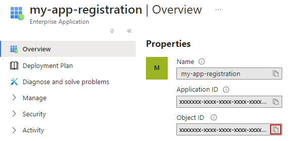 Screenshot shows app registration with selected object ID.