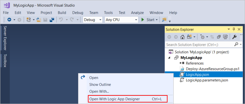 Screenshot shows opened logic app in a Visual Studio solution.