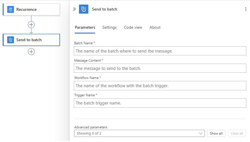 Screenshot shows Standard workflow with Recurrence trigger and action named Send to batch.