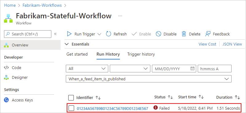 Screenshot showing Azure portal with Standard logic app workflow runs and a failed run selected.