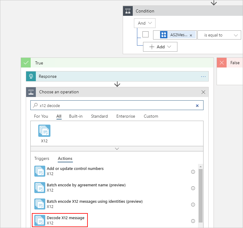 Screenshot showing multi-tenant designer and the "Decode X12 message" action selected.