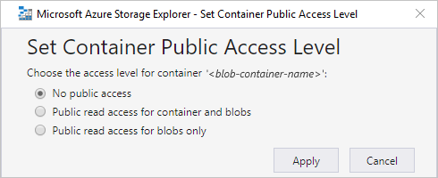 Screenshot shows Azure Storage Explorer dialog box for selected blob container, and selected option for No public access.