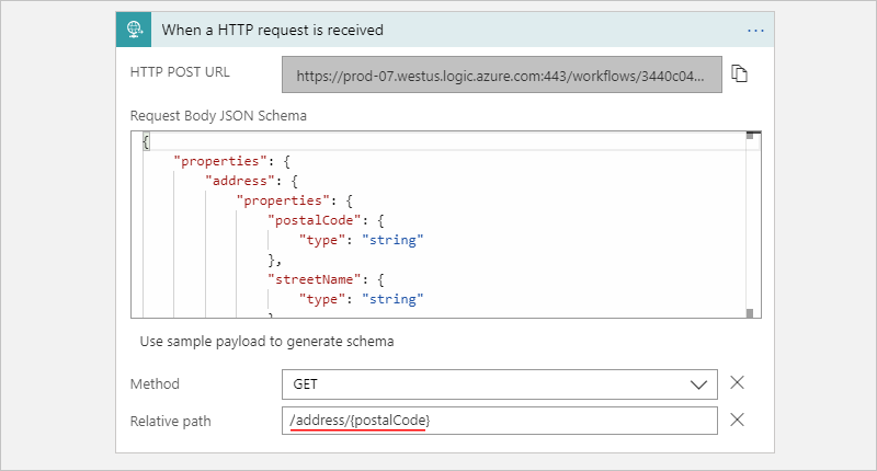 Screenshot shows Consumption workflow, Request trigger, and Relative path parameter value.