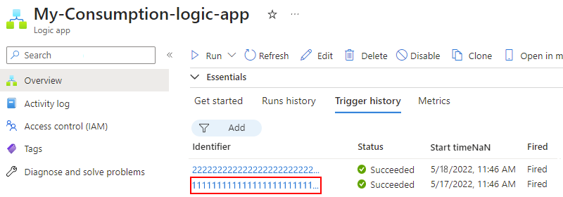 Screenshot shows Consumption workflow trigger history and selected entry.