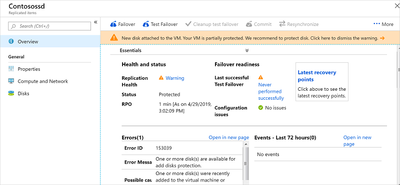 Screenshot that displays how to enable replication for an added disk.