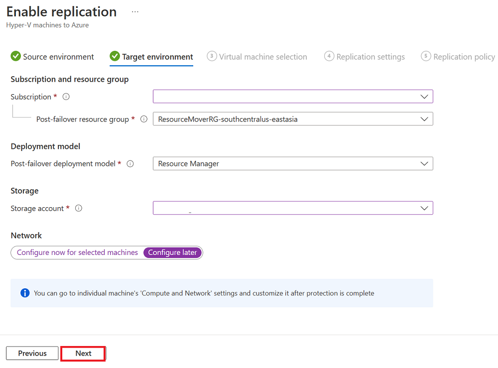 Screenshot that shows the target environment pane.