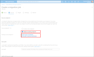 Screen capture of the Source tab illustrating the location of the Existing Source Endpoint field.