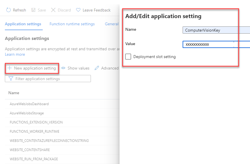 A screenshot showing how to add a new application setting to an Azure Function.