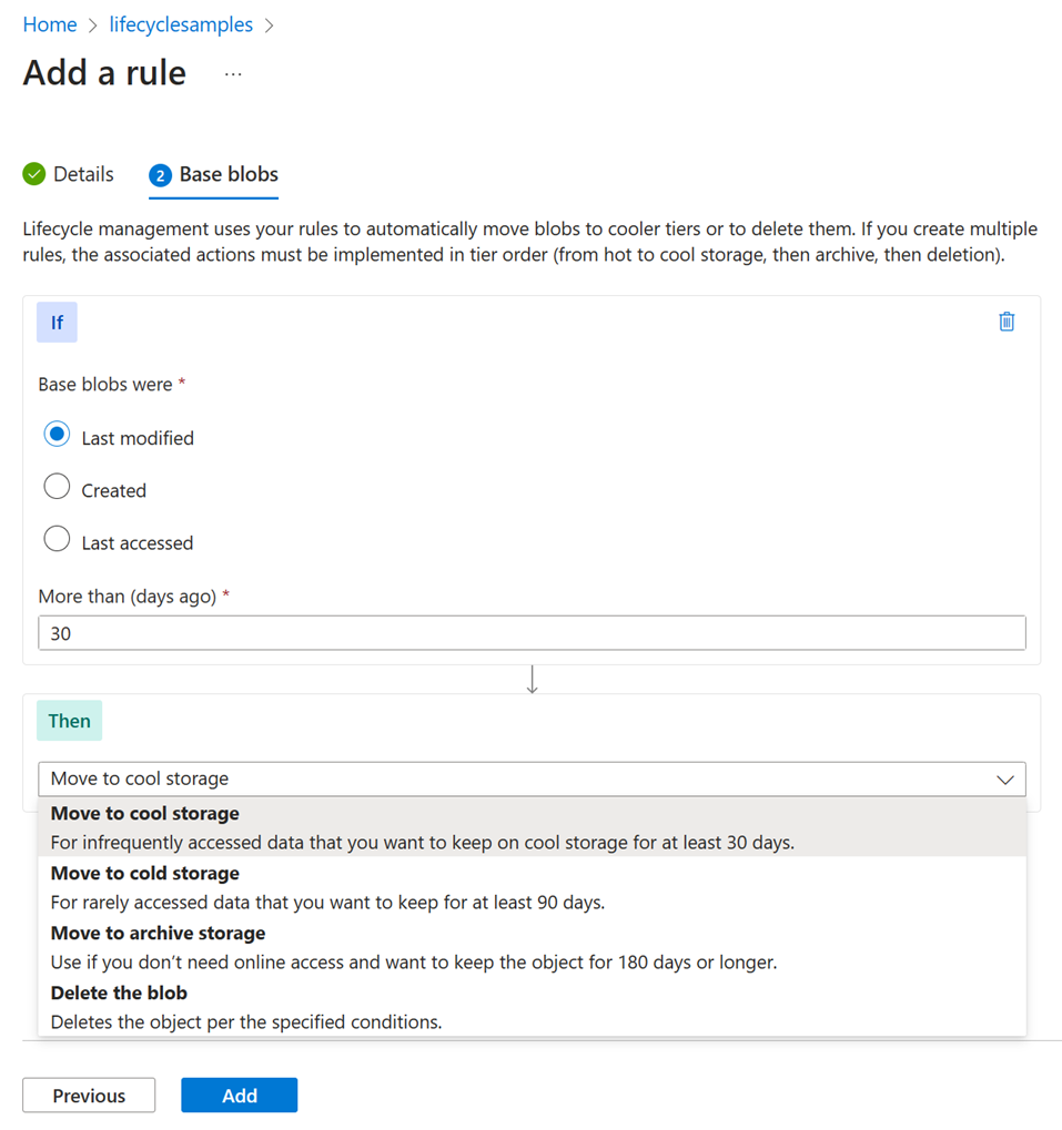 Lifecycle management base blobs page in Azure portal