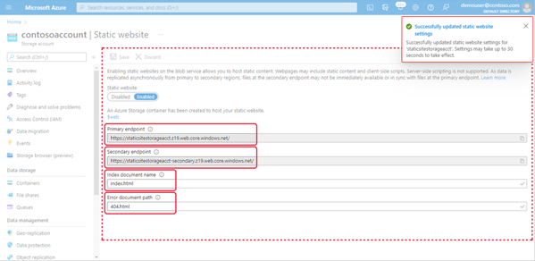 Image showing the Static website properties within the Azure portal