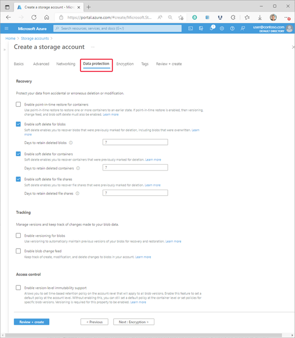 Screenshot showing a standard configuration for a new storage account - Data Protection tab.