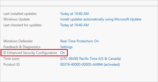 Screenshot showing the Internet Explorer Enhanced Security Configuration pane in the Server Manager UI.