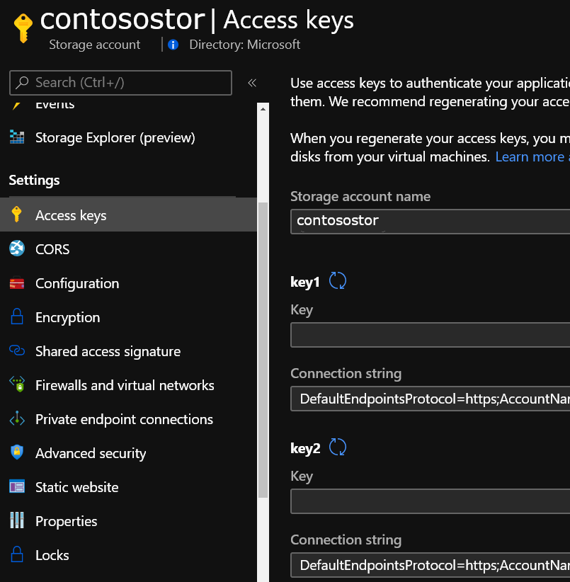 Shows access key settings in the portal.