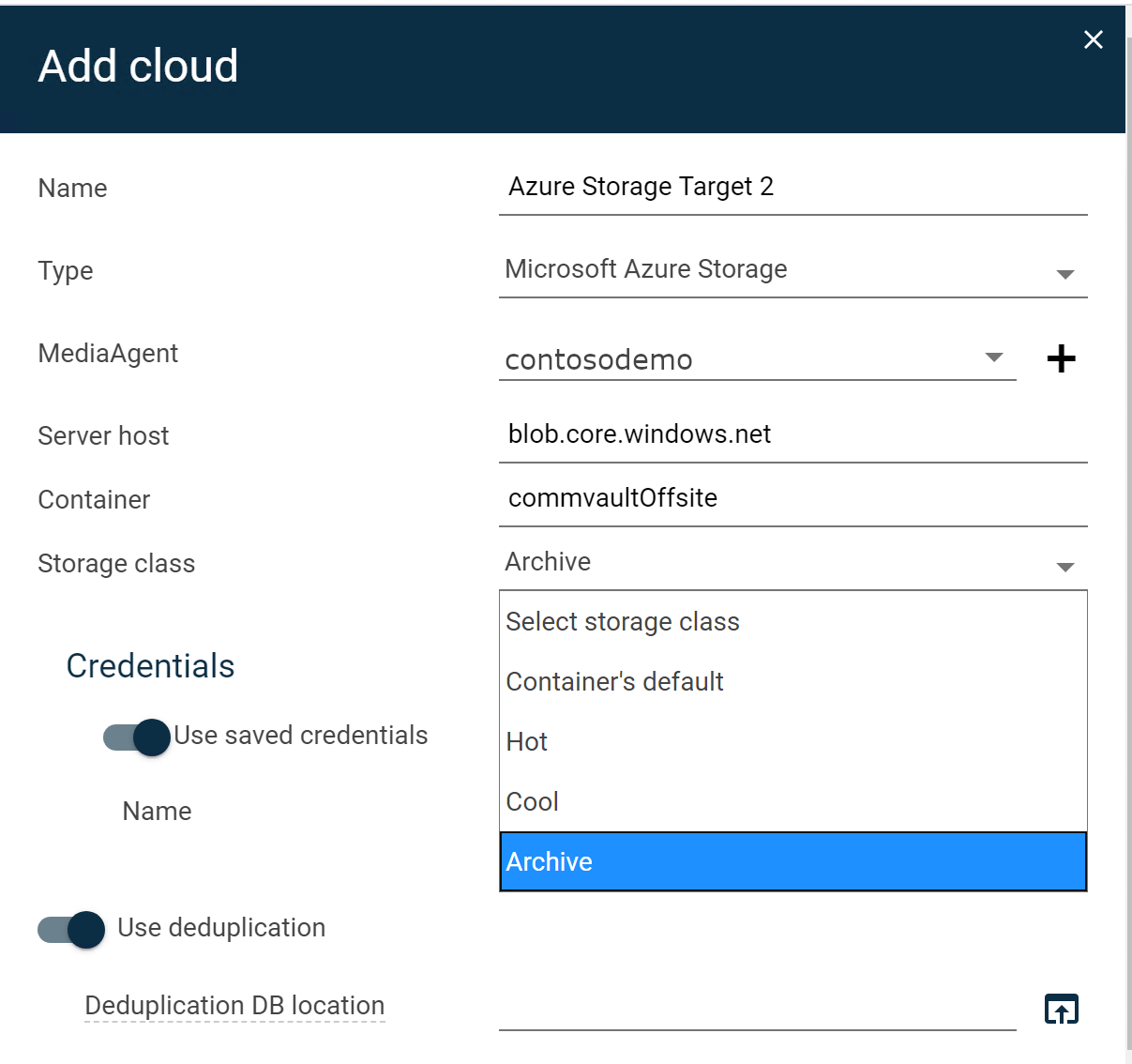 Screenshot of Commvault's Add cloud user interface. In the Archive drop-down menu, Archive is selected.