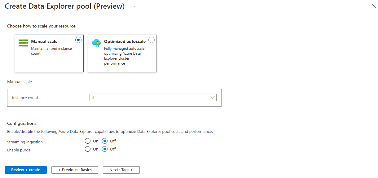 Advanced settings for Azure portal new Data Explorer pool