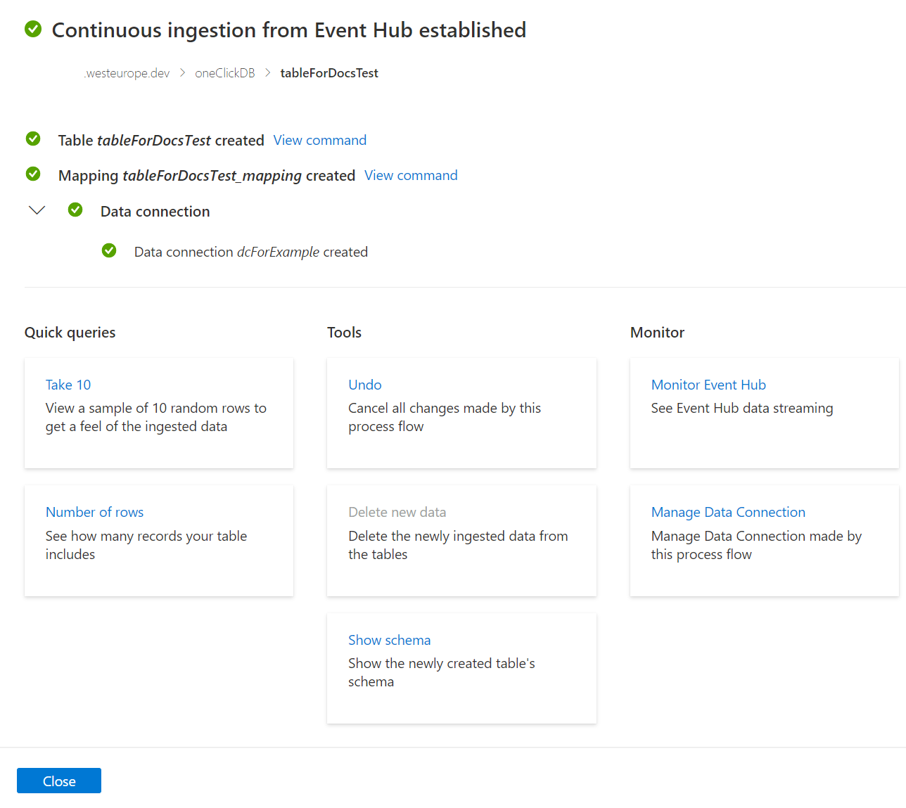 Screenshot of final screen in ingestion to Azure Synapse Data Explorer from Event Hubs with the one select experience.