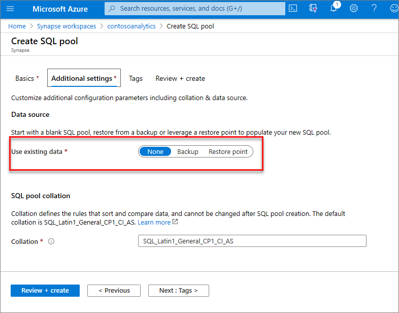 dedicated SQL pool create flow - additional settings tab.