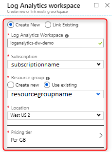 Screenshot shows the Log Analytics workspace where you can enter values.