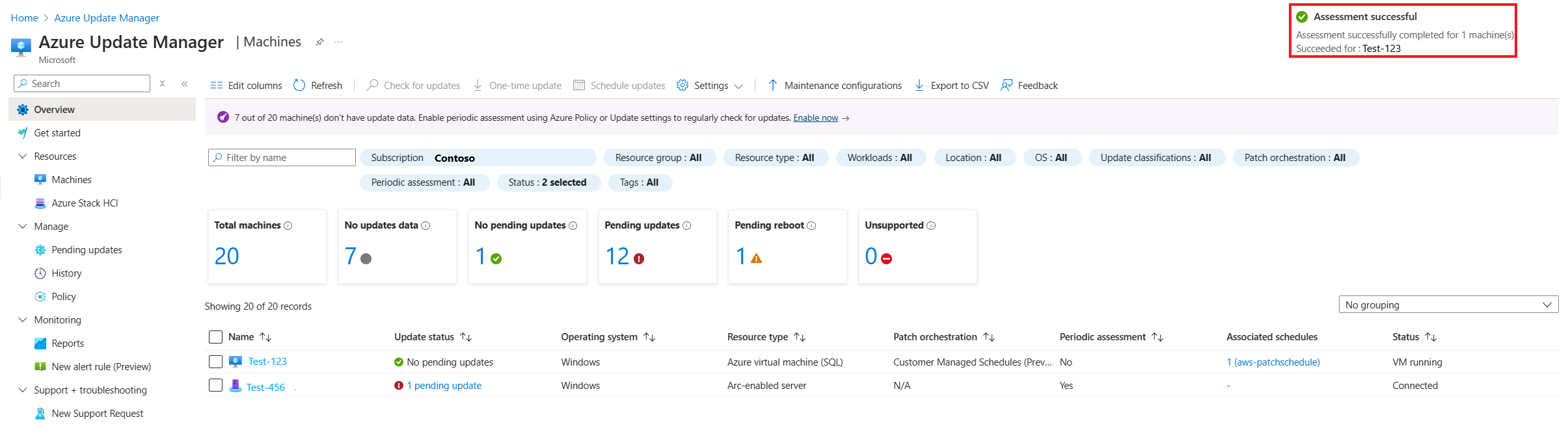 Screenshot that shows an assessment banner on the Manage Machines page.