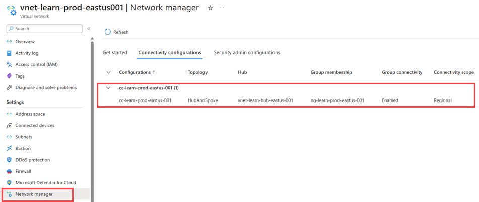 Screenshot of connectivity configuration applied to the virtual network.