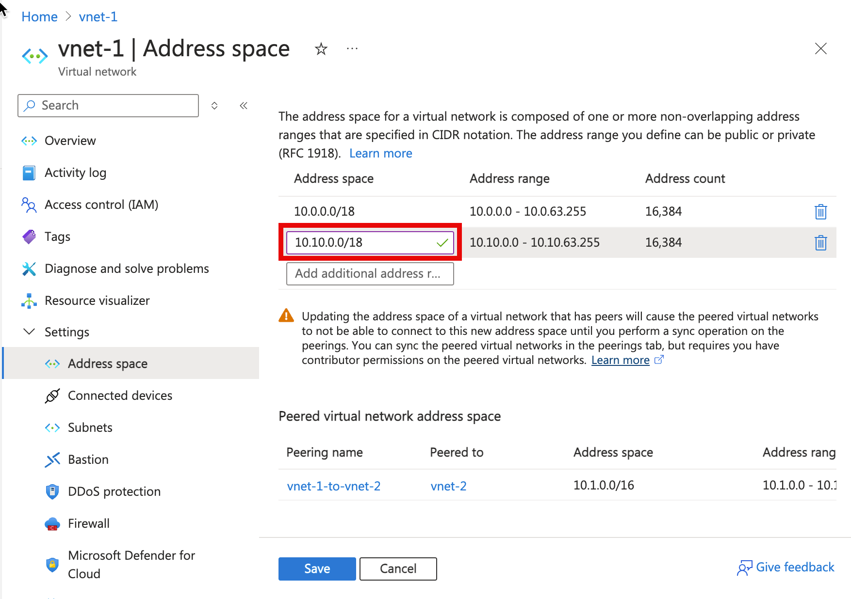 Screenshot of the Address Space page used to add an IP address range.