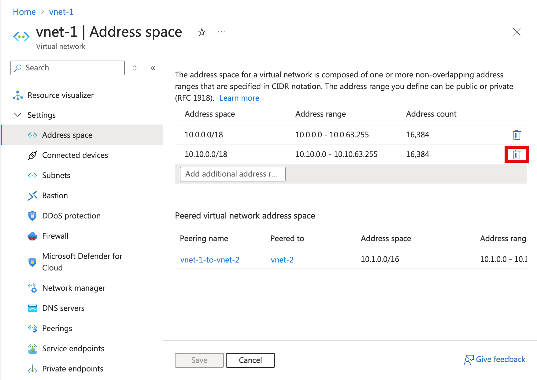 Screenshot shows removal of address range from a subnet.