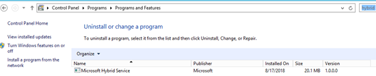 The Microsoft Hybrid Service in Programs and Features.