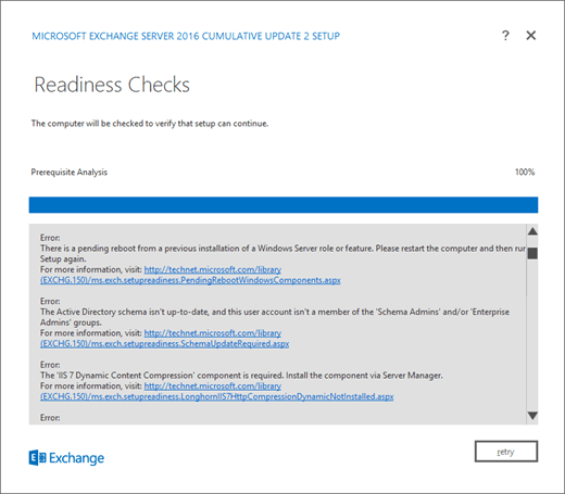 Exchange Setup, Readiness Check page with errors detected.