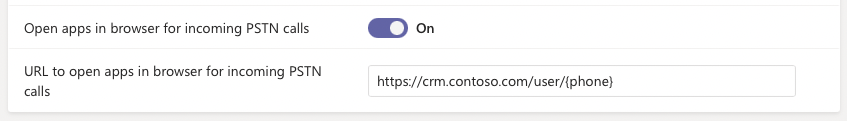 Screenshot of Open apps in browser for incoming PSTN calls policy setting.