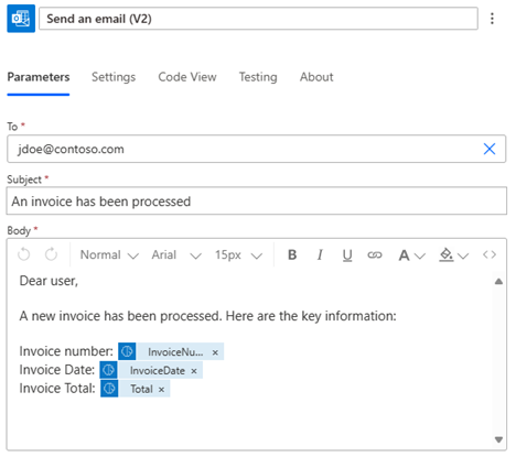 Skjermbilde av brødteksten i e-postmeldingen med JSON-feltene.