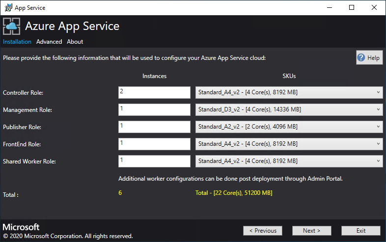 Screenshot that shows the screen where you provide the number of role instances and their corresponding compute sku in the App Service Installer